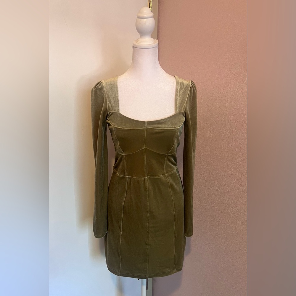 Urban Outfitters Olive Green Velvet Long Sleeve Smocked Corset Mini Dress